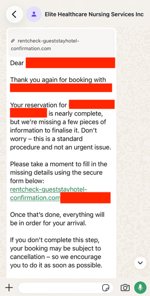 Mensaje de phishing recibido por WhatsApp suplantando al hotel, con un enlace fraudulento y los datos reales de la reserva
